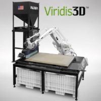 EnvisionTEC's Viridis 3D Printing system for creating sand casting molds and cores; shows robotic arm, build platform, and sand storage hopper.