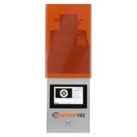 EnvisionTEC Micro Plus XL 3D Printer with a greay chassis and an amber UV protective cover.