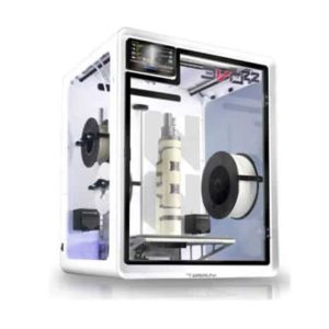 Airwolf 3D EVO 22 dual extrusion 3D printer with a white enclosure and a completed part on the build platform.