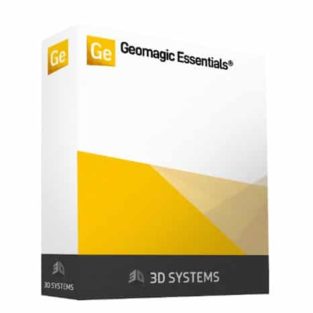 Yellow, white, and black box showing Geomagic Essentials software for efficiently processing and migrating scan data to native CAD software.