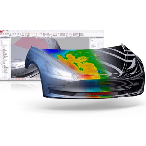 Geomagic Design X software icon showing an example automobile hood overlaid with a heat map showing dimensional variations.