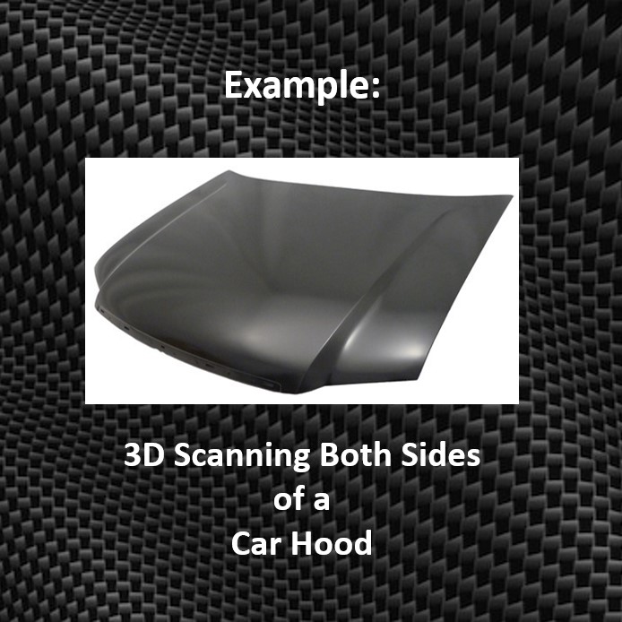 A grey car hood provided as an example of the challenge involved in 3D scanning both sides of a large, thin object.