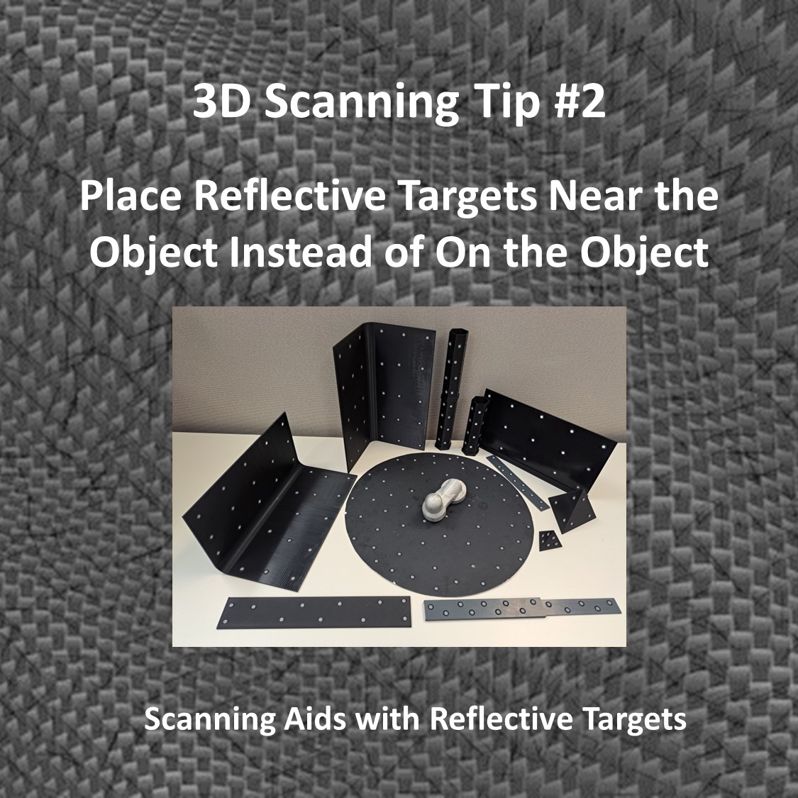 Infographic showing several 3D scanning aids with reflective targets.