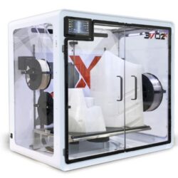 The Airwolf 3D 2X 3D printer with a white chassis and two large parts on the build platform.