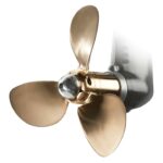 A brass-colored boat propeller in a grey housing on a white background. This is a great example of an item that would be very challenging to reverse engineer without the use of robust engineering tools like the EinScan 3D scanners and Geomagic Design X software.